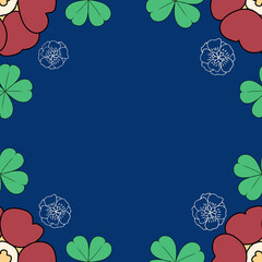 Red Primula Auricula and Clover (Trifolium) pattern illustration on blue background