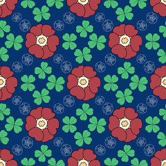 Red Primula Auricula and Clover (Trifolium) pattern illustration on blue background