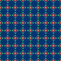 Red Primula Auricula and Clover (Trifolium) pattern illustration on blue background