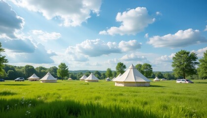 Glamping Tents in Lush Green Field under Blue Sky