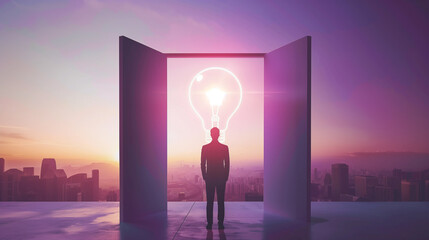 Obraz premium A person stands in front of a light bulb-shaped door with a city view through it, symbolizing innovation and creativity. The person is dressed in business attire and has his back to the camera. Bright
