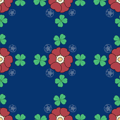 Red Primula Auricula and Clover (Trifolium) pattern illustration on blue background