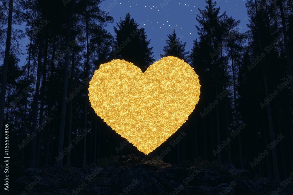 Poster a magical glowing valentine heart made of golden light, floating in a moonlit forest surrounded by t