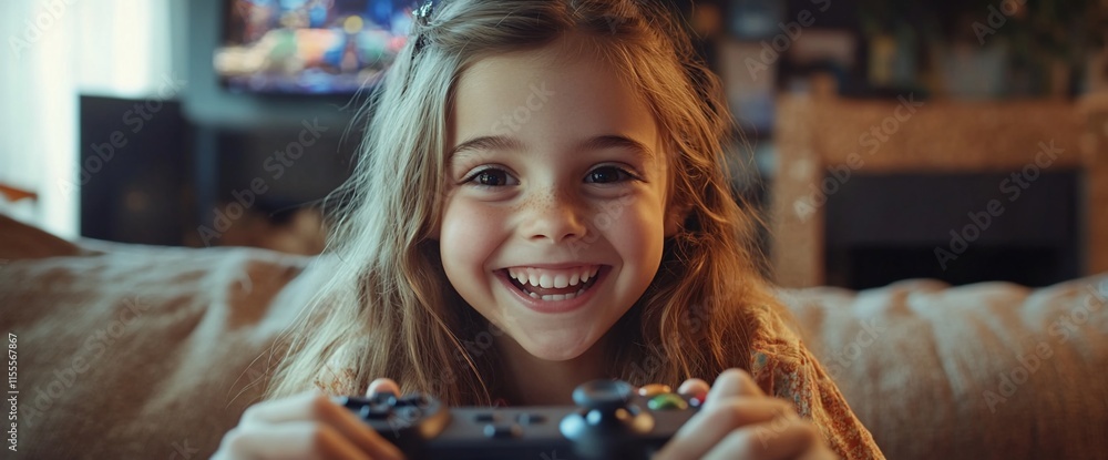 Poster a joyful child playing video games with a controller, smiling at the camera.