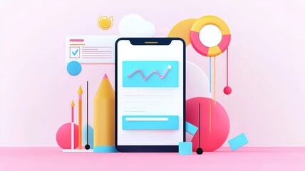 business plan 2025 and strategy concept. Colorful smartphone mockup displaying analytics data, surrounded by design elements.