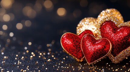 Fototapeta premium Sparkling Red Hearts on Black Background for Romantic Occasions