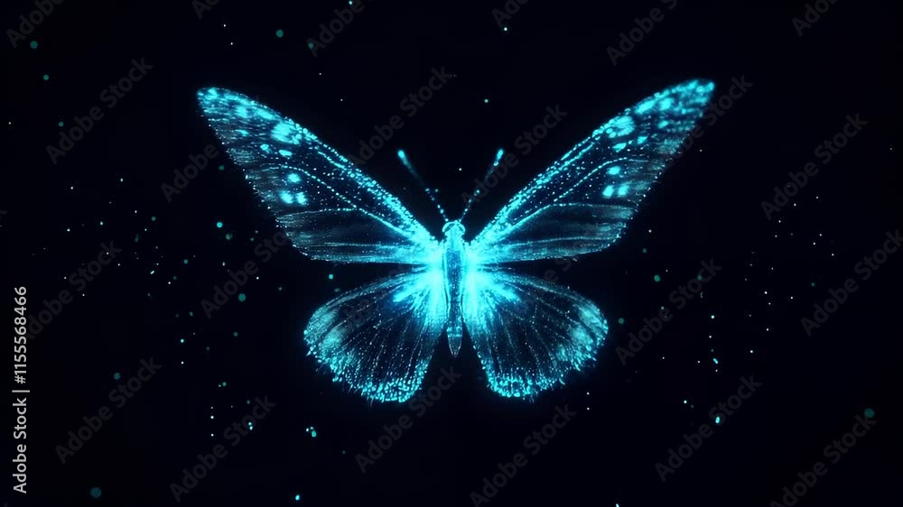 Poster a mesmerizing blue butterfly flutters in a dark digital environment, surrounded by shimmering partic