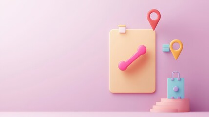 business plan 2025 and strategy concept. Colorful abstract composition featuring a note, a weight, and location pins against a pink background.