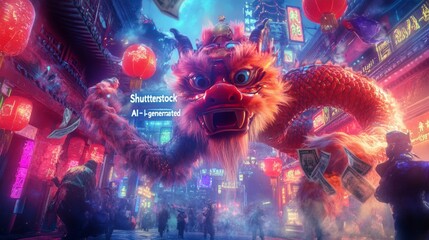 AI-Generated Dragon Dance in Neon Chinatown