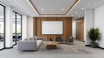 Modern office interior design with blank digital whiteboard display