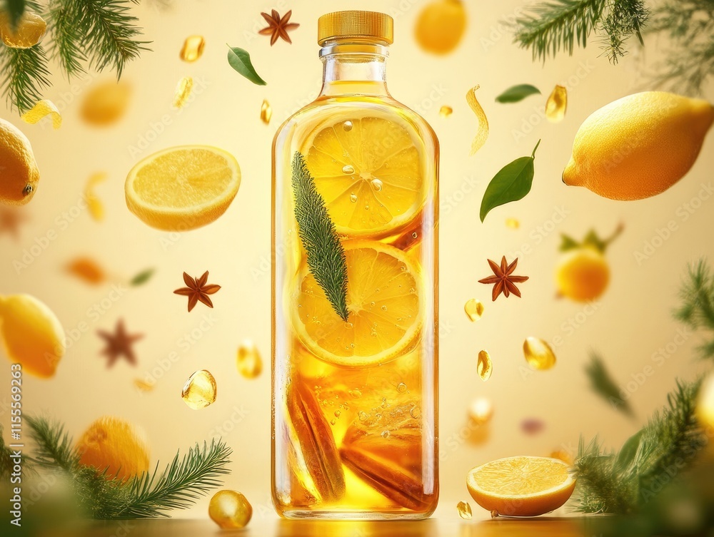 Poster a refreshing beverage with lemon slices and herbs, surrounded by floating citrus elements.