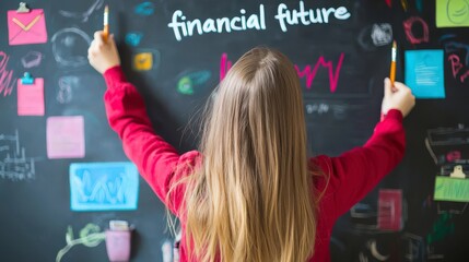Young Girl Planning Financial Future with Colorful Ideas and Sketches on Chalkboard, Exploring Concepts of Savings, Investments, and Financial Literacy for Educational Purposes