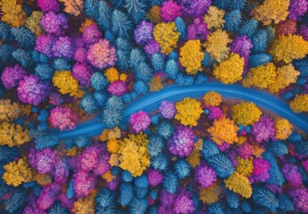 Aerial View of Vibrant Forest with Colorful Trees Showcasing Autumn Hues and a Winding Blue River Through Nature's Majestic Landscape