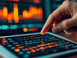 A hand pointing at a PMI chart on a digital tablet, symbolizing the analysis of business conditions and confidence levels