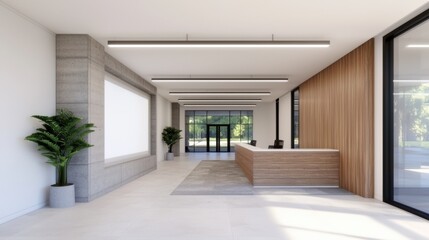 Fototapeta premium Modern office lobby with reception desk and blank whiteboard