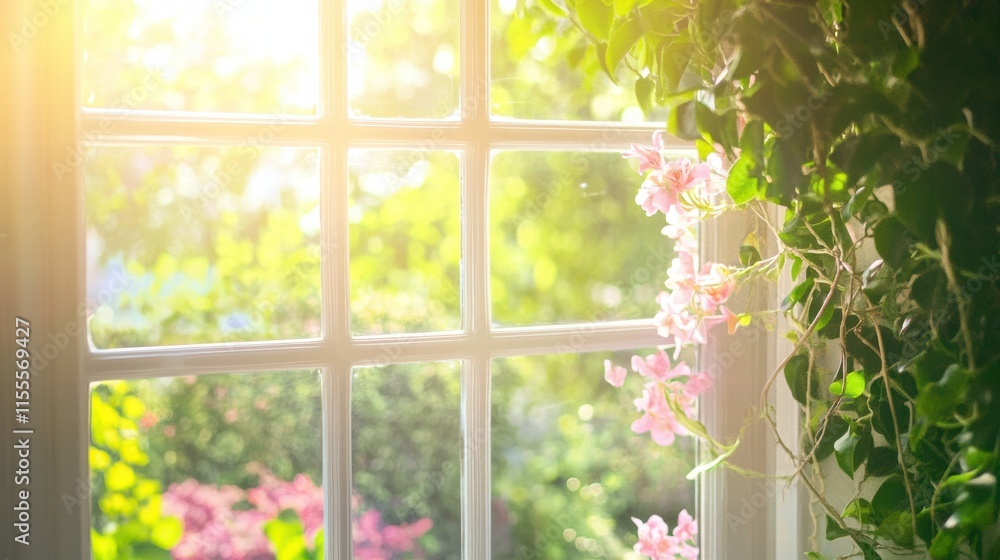 Poster bright garden view through a window surrounded by blooming flowers and lush greenery during the day.