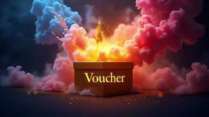A glowing box labeled "Voucher" surrounded by colorful smoke and light effects.