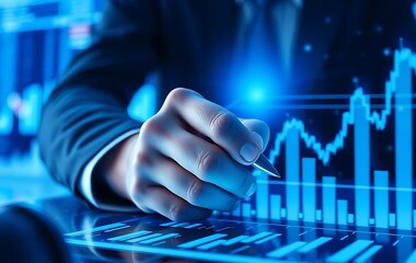 stock market graph, digital display, blue glowing chart, financial data visualization, hand touching screen, trading analysis, upward trend line, futuristic interface, economic growth indicator