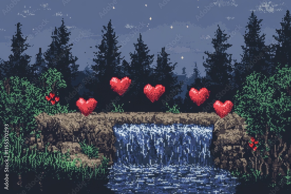 Poster A pixel art depiction of bright red Valentine hearts animated to pulse and glow, set against a retro pixelated background resembling an 8-bit video game