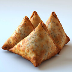 Four golden-brown samosas on white background.