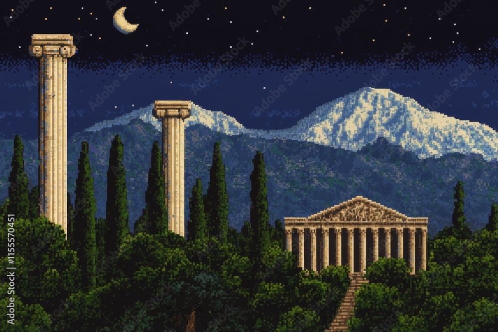 Poster a pixel art timeline of history with iconic moments like ancient pyramids, medieval castles, and ast