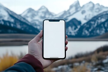 A close-up photograph of a smartphone with a white screen in the hand of someone, with the focus on the phone and hand, and a blurred mountain background