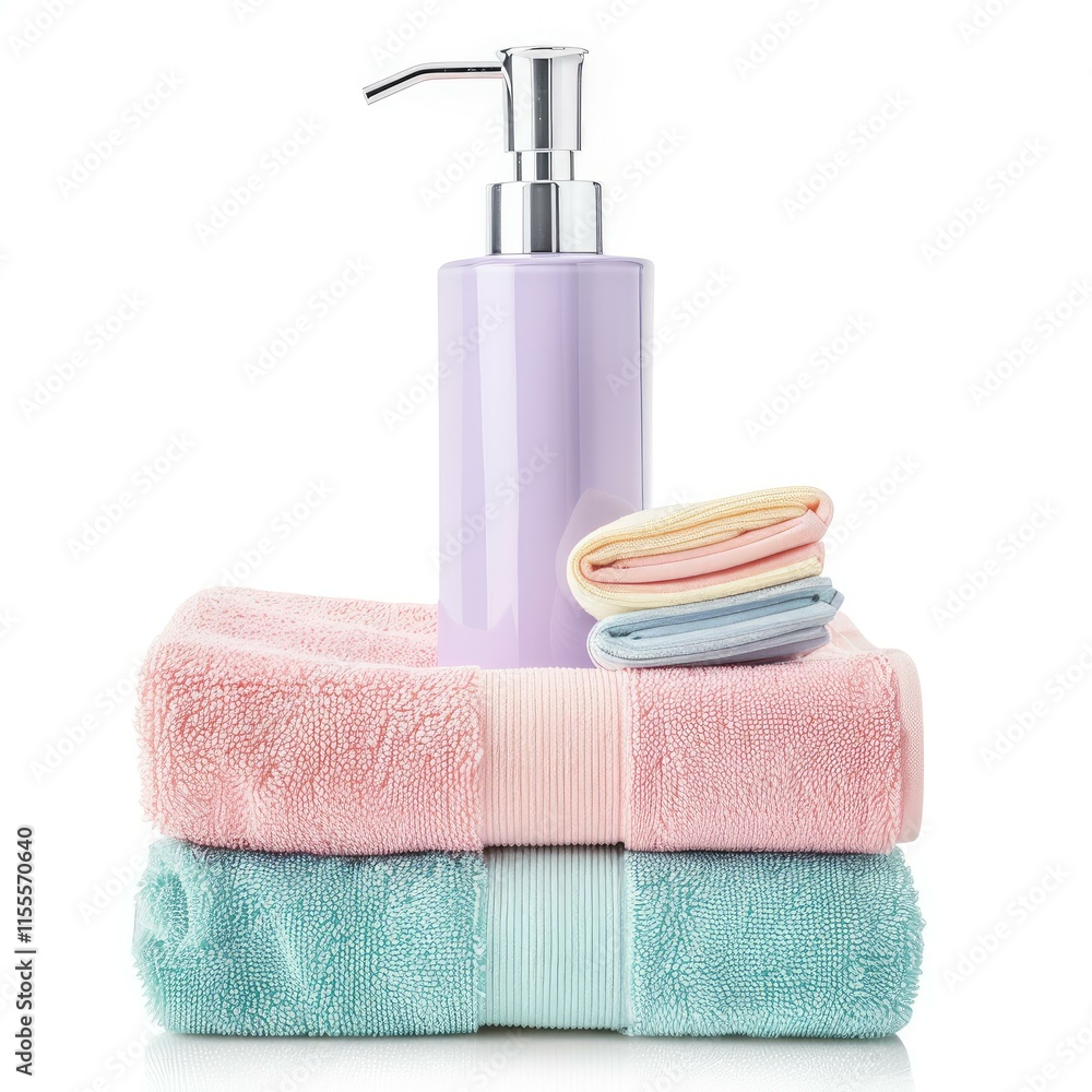 Aufkleber stacked pastel colored towels with a matching soap dispenser creating a relaxing spa like setting