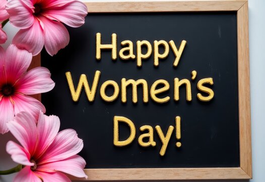 Happy Women's Day Blackboard and Flowers
