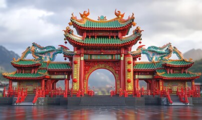 Obraz premium Stunning Architectural Marvel of a Traditional Chinese Pagoda with Vibrant Red and Green Colors Surrounded by Mountains
