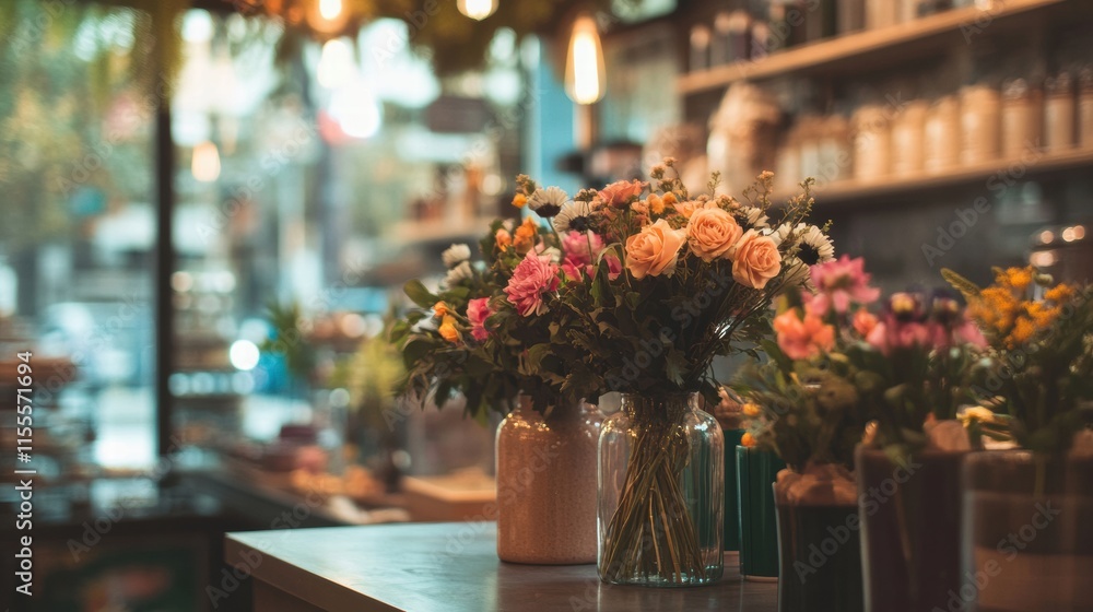 Aufkleber stylish storefront display showcasing vibrant flowers in glass vases in a cozy urban setting during 
