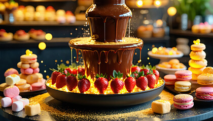 A glowing chocolate fountain with streams of molten gold-tinted chocolate cascading down. Surroundin