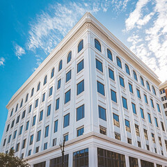 Fototapeta premium A white office building overlooks a stunning blue sky