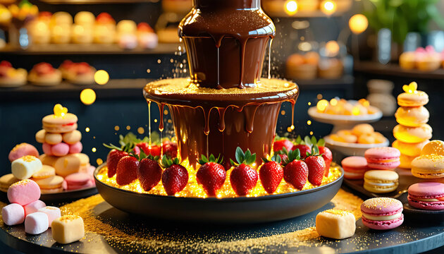 A glowing chocolate fountain with streams of molten gold-tinted chocolate cascading down. Surroundin