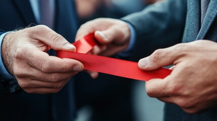 Hands Holding Red Ribbon Demonstrating Partnership and Collaboration
