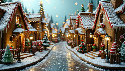 Fototapeta premium A glowing gingerbread village covered in sparkling frost and snow, with candy cane streetlights