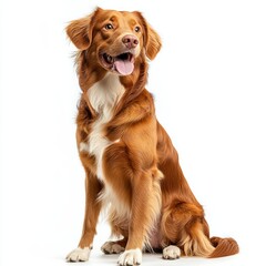 Golden-brown dog sitting with fluffy tail and bright eyes