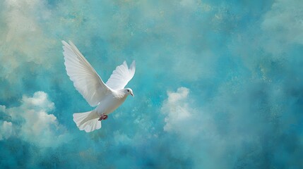 Fototapeta premium Majestic White Bird Soaring Through a Serene Turquoise Sky with Soft, Fluffy Clouds in a Dreamy Atmosphere of Peace and Tranquility