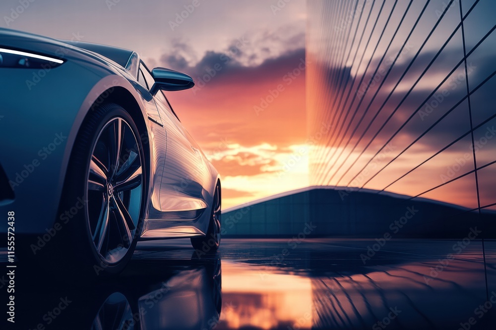 Poster luxury car shines in modern setting at sunset with striking architectural backdrop. generative ai