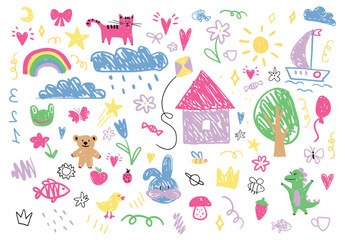 Colorful doodles of houses, trees, animals, rainbows, stars, hearts, and clouds in playful style. Designed for kids' projects, wallpapers, and textiles. Vector flat seamless illustration.