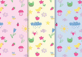 Colorful doodles of frogs, chicks, mushrooms, strawberries, flowers, stars, clouds, and bees in repeat pattern. Hand-drawn playful style. Ideal for kids' textiles, wallpapers, and wrapping paper. 