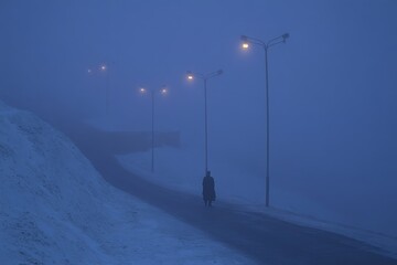 A shadowy, fog-covered highway with ominous glowing streetlights and a mysterious figure walking along the side