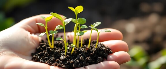 Macro shot, human hand holding soil, tiny green seedlings sprouting, new life, growth, nurturing nature, sustainability, close-up texture of dirt, gardening, hope, beginnings, environmental care