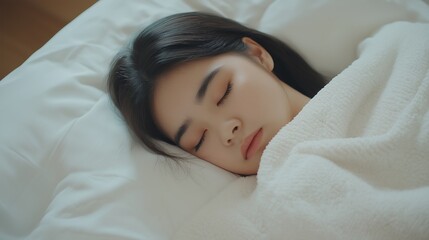 In a soothing indoor environment, a Thai woman enjoys a moment of tranquility, her eyes gently closed. Wrapped in a soft blanket, she embodies peacefulness and calmness