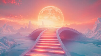 Surreal Landscape with Glowing Stairway Leading to a Giant Moon in a Dreamlike Sky
