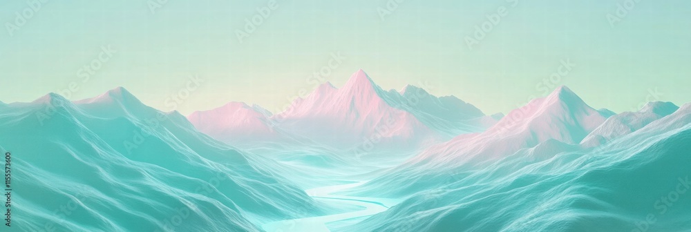 Poster winding river flowing through serene pastel mountain range landscape with ample copy space for text.
