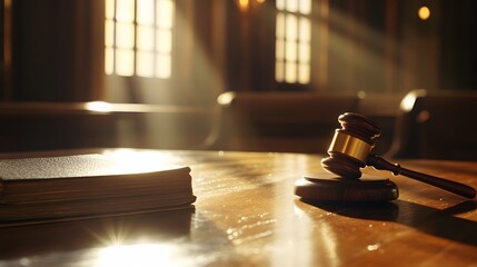 Obraz premium A Dramatic Courtroom Scene with Sunlight Streaming Through Windows Illuminating a Wooden Table with a Gavel and Legal Documents in a Serene Atmosphere