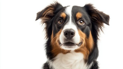 Tri-color border collie with attentive gaze on white background