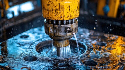 Close-up of industrial drilling machine with water.