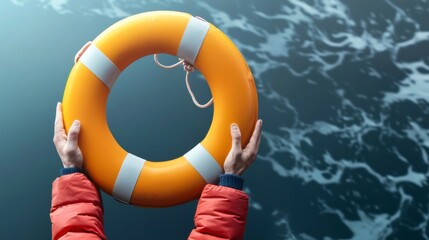 Person Holding an Orange Lifebuoy Above Water Surface in a Calm Ocean, Symbolizing Safety, Rescue, and Emergency Preparedness for Water Activities