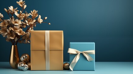 Wooden gift box with an empty card mockup alongside a closed gift box in blue solid background style